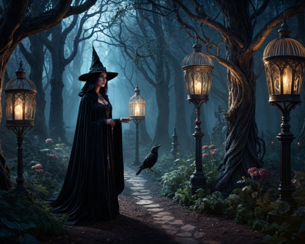 Mysterious Witch in Lantern-Lit Enchanted Forest
