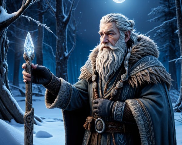 Wise Wizard in Enchanted Snowy Forest at Night