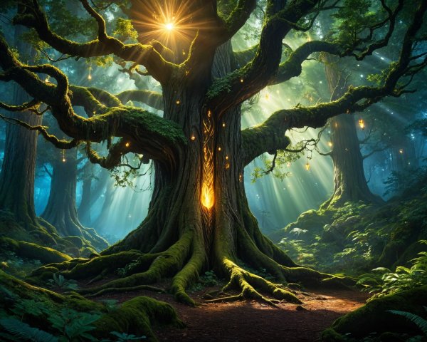 Ancient Tree in a Mystical Forest with Glowing Orbs
