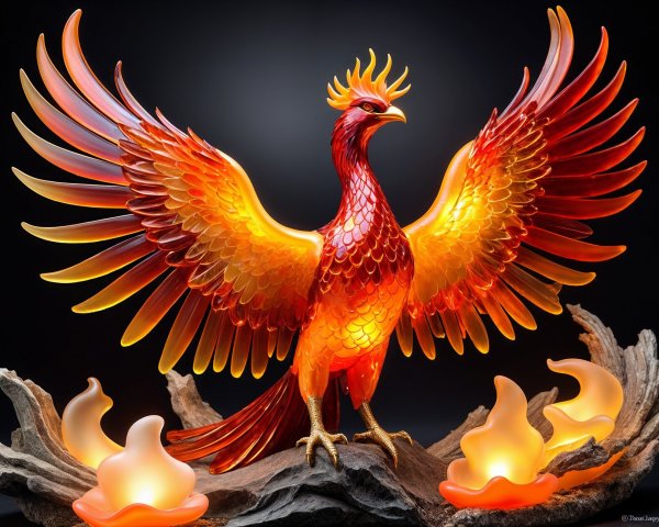 Vibrant Glass Phoenix Sculpture with Illuminated Flames