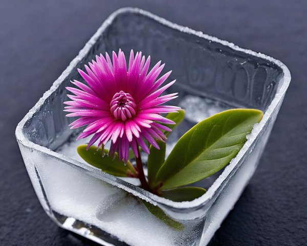 Close-up of Ice Cube with Flower and Leaves Inside