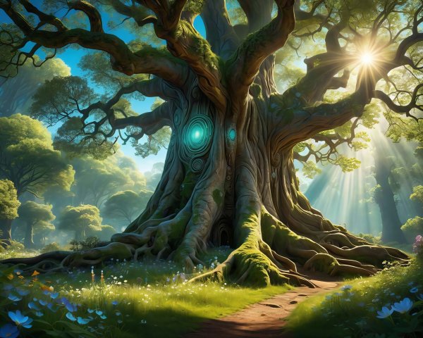 Ancient Tree with Glowing Runes in Mystical Forest