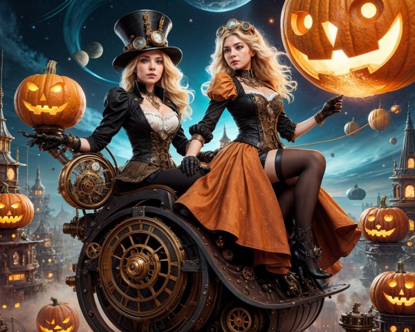Steampunk Women in Halloween-Themed Cityscape