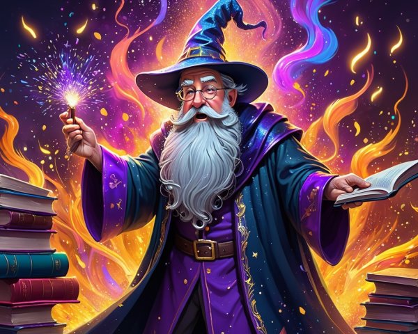 Wizard Surrounded by Magical Energy and Flames