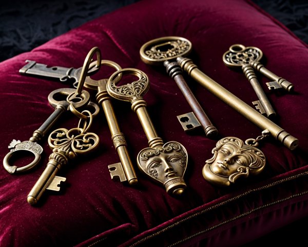 Ornate Antique Keys on Burgundy Velvet Cushion