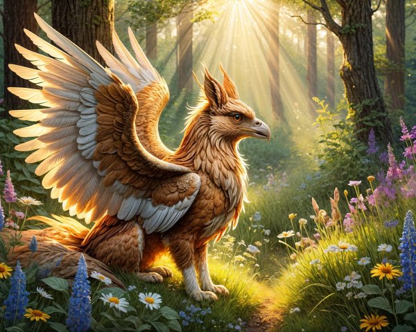 Griffin in Sunlit Forest Surrounded by Wildflowers