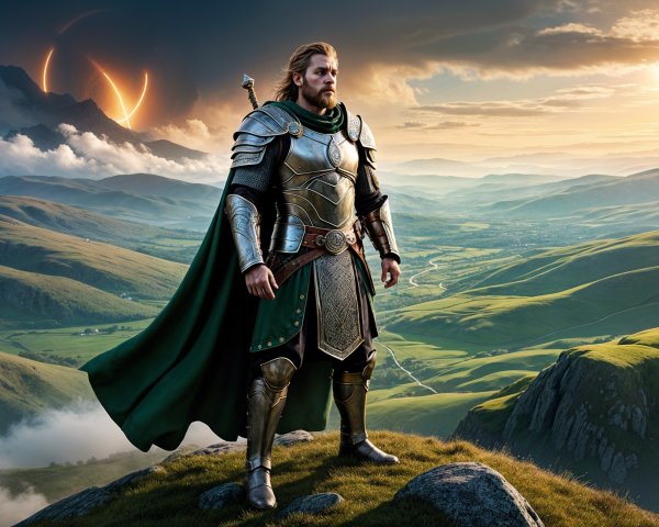 Heroic figure in armor on a hill with twin suns