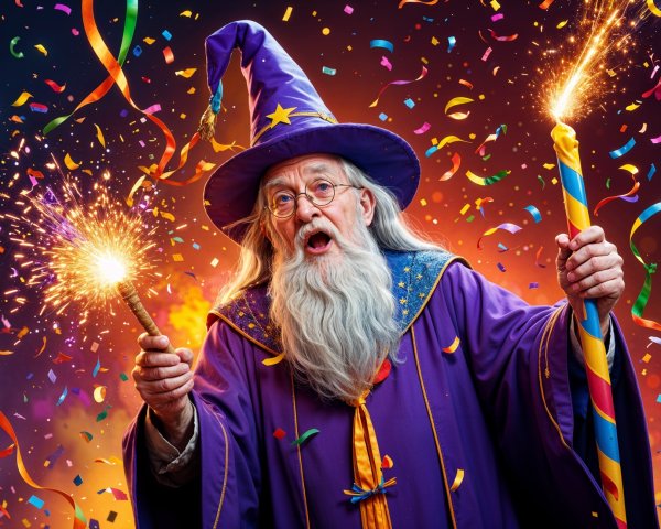 Jubilant wizard in purple robe with sparklers and confetti