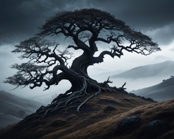 Gnarled Tree on Rugged Hill Under Stormy Sky
