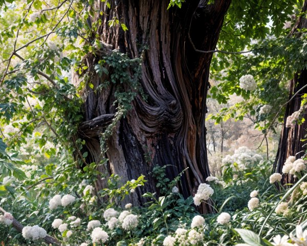 Majestic Tree Surrounded by Lush Greenery and Flowers