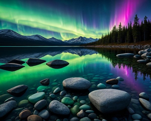 Northern Lights Over Tranquil Lake and Mountains