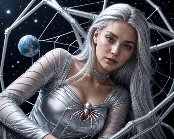Cosmic Figure with Silvery Hair and Spider Motif