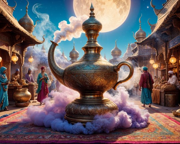 Ornate Brass Lamp in Vibrant Moonlit Bazaar Scene