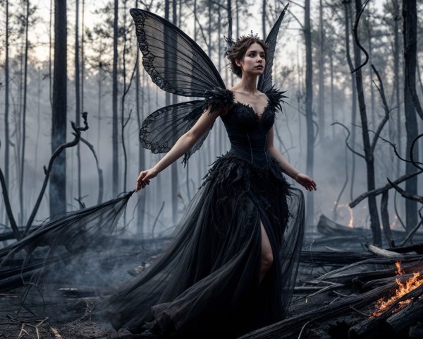 Dark Fairy in Enchanted Forest with Charred Trees