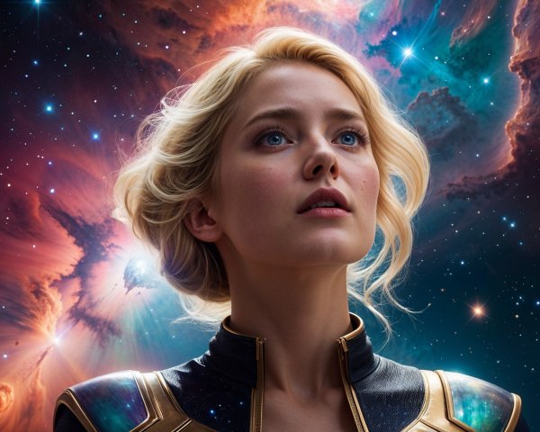 Young Woman in Futuristic Suit Against Cosmic Background