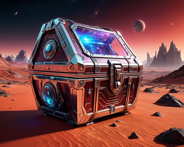 Futuristic Metallic Chest in Red Desert Landscape