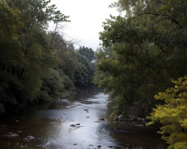 Serene River Flowing Through Lush Green Landscape