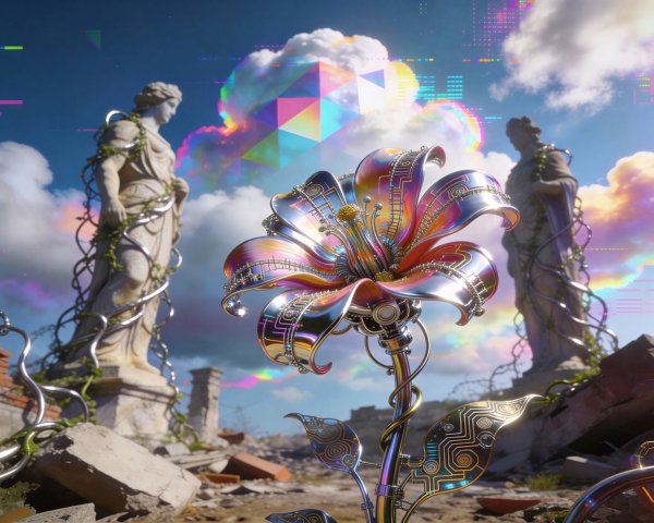 Surrealist Digital Artwork of Robotic Flower and Ruins