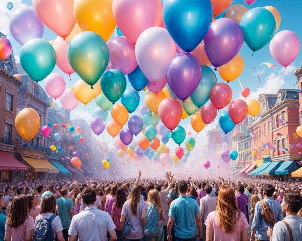 Vibrant festival scene with colorful balloons and crowd