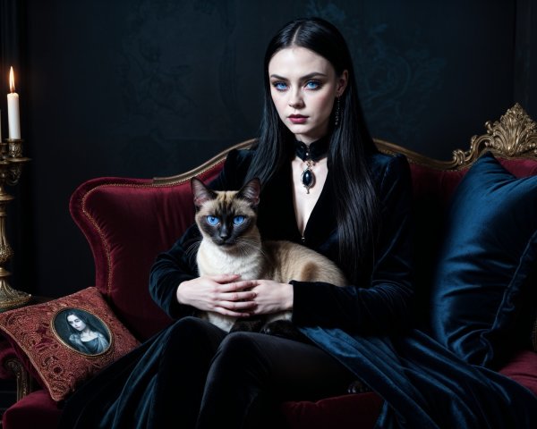 Elegant Woman with Siamese Cat in Gothic Setting
