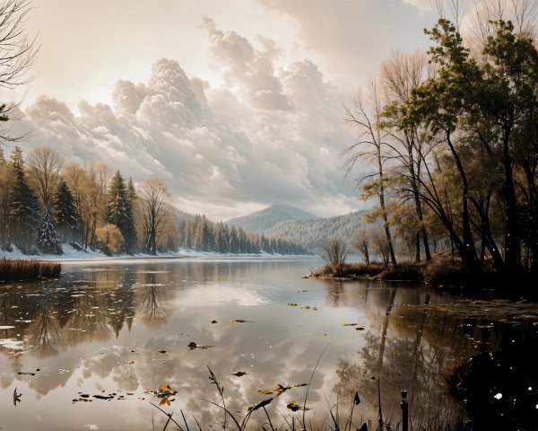 Serene landscape with river, trees, and mountains