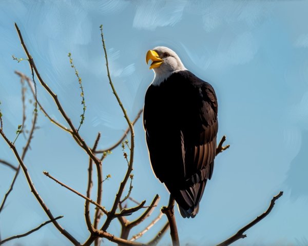 Eagle on Tree Branch Against Vibrant Blue Sky