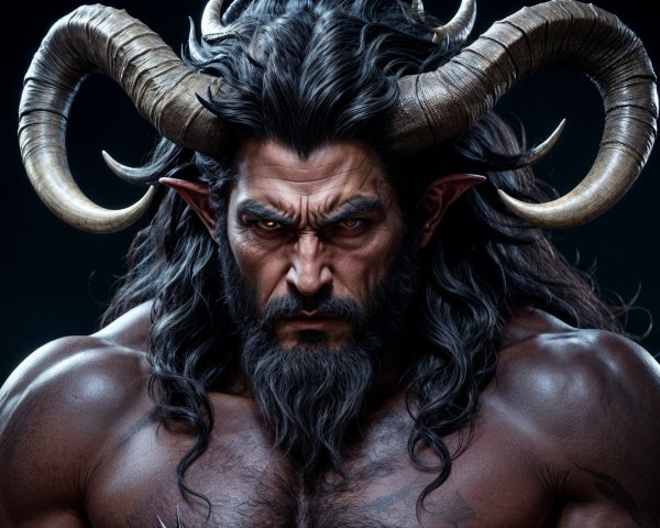Muscular Figure with Long Hair and Prominent Horns