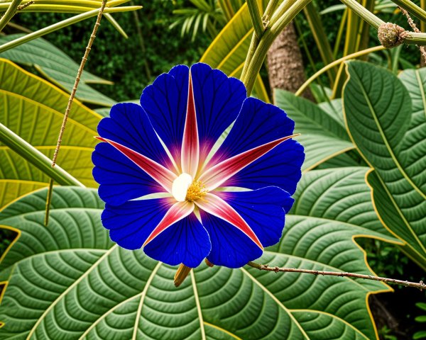 Vibrant Blue Flower with Red and White Center Design