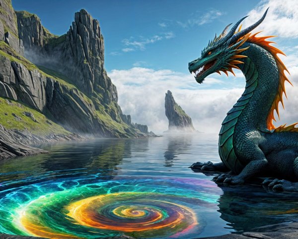 Majestic dragon by tranquil lake with vibrant colors