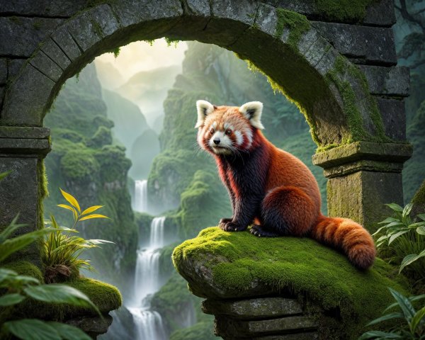 Red panda on mossy rock in serene forest setting