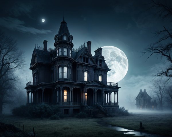 Victorian Mansion in Foggy Landscape Under Full Moon