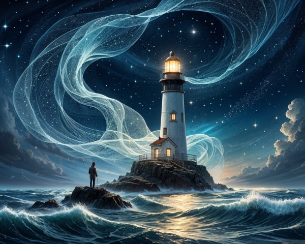 Lighthouse on Rocky Island Under Starry Night Sky