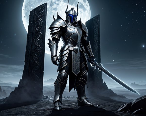 Knight in Dark Armor Beneath Full Moon and Pillars