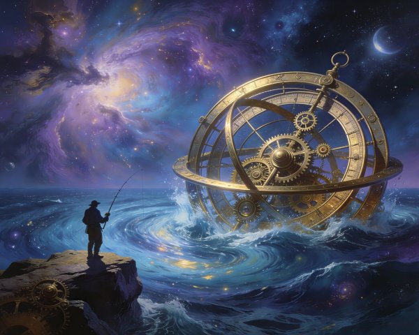 Lone Fisherman in Cosmic Ocean Under Nebula Sky