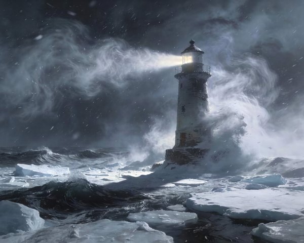 Lighthouse Amidst Stormy Ocean and Dark Sky