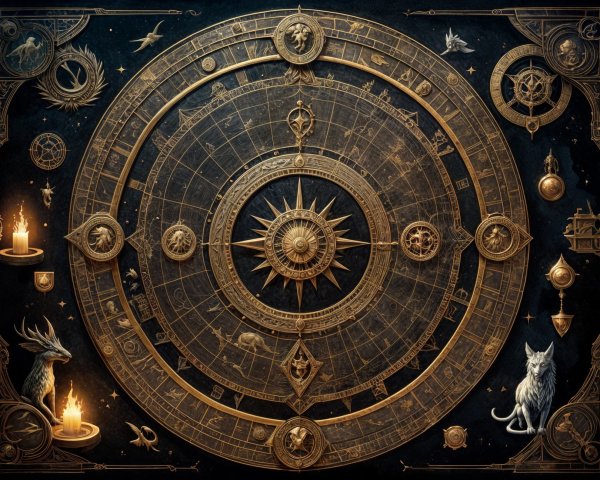 Intricate Astrological Chart with Zodiac Symbols and Candles