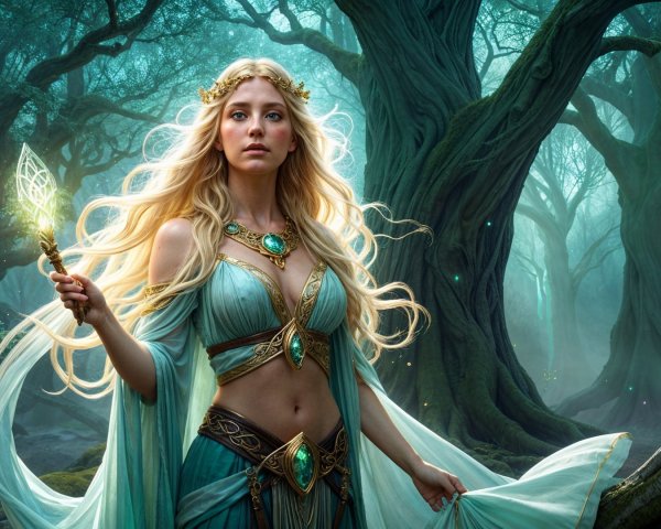 Majestic figure in a mystical forest with glowing staff