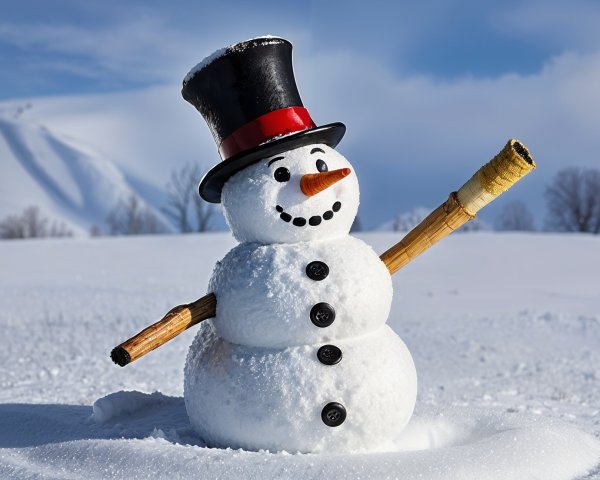 Cheerful Snowman in Snowy Landscape with Blue Skies