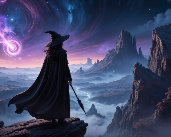 Cloaked Figure Overlooking Cosmic Landscape at Night