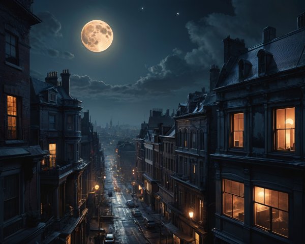 Tranquil Nighttime Cityscape Under Full Moonlight