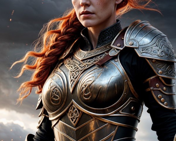 Fierce Warrior in Silver and Black Armor with Red Hair