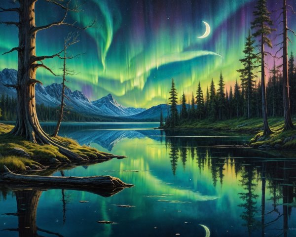 Twilight Landscape with Reflective Lake and Auroras