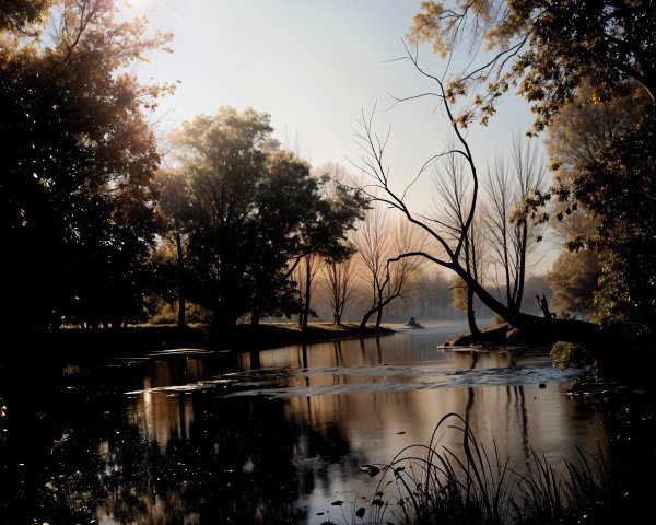 Serene Dawn Landscape with Reflective Water and Mist