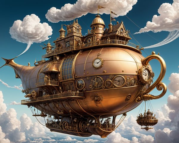 Steampunk airship with ornate details in clouds