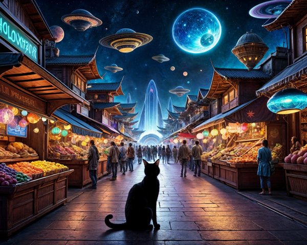 Colorful Market Scene Under a Starry Sky with Cat