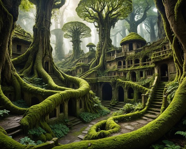 Mystical Forest with Towering Trees and Ancient Stones