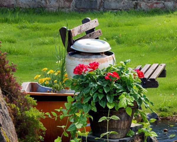 Tranquil Garden with Wooden Chair and Vintage Bathtub