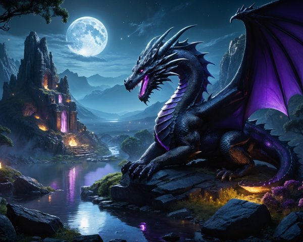 Majestic Black Dragon in Mystical Moonlit Landscape