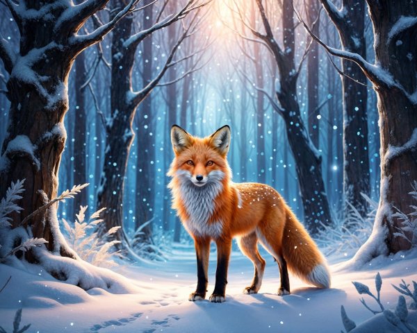 Orange Fox in Serene Winter Forest with Snowfall