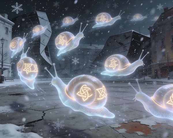 Luminescent Snails with Norse Symbols in Snowy Urban Scene
